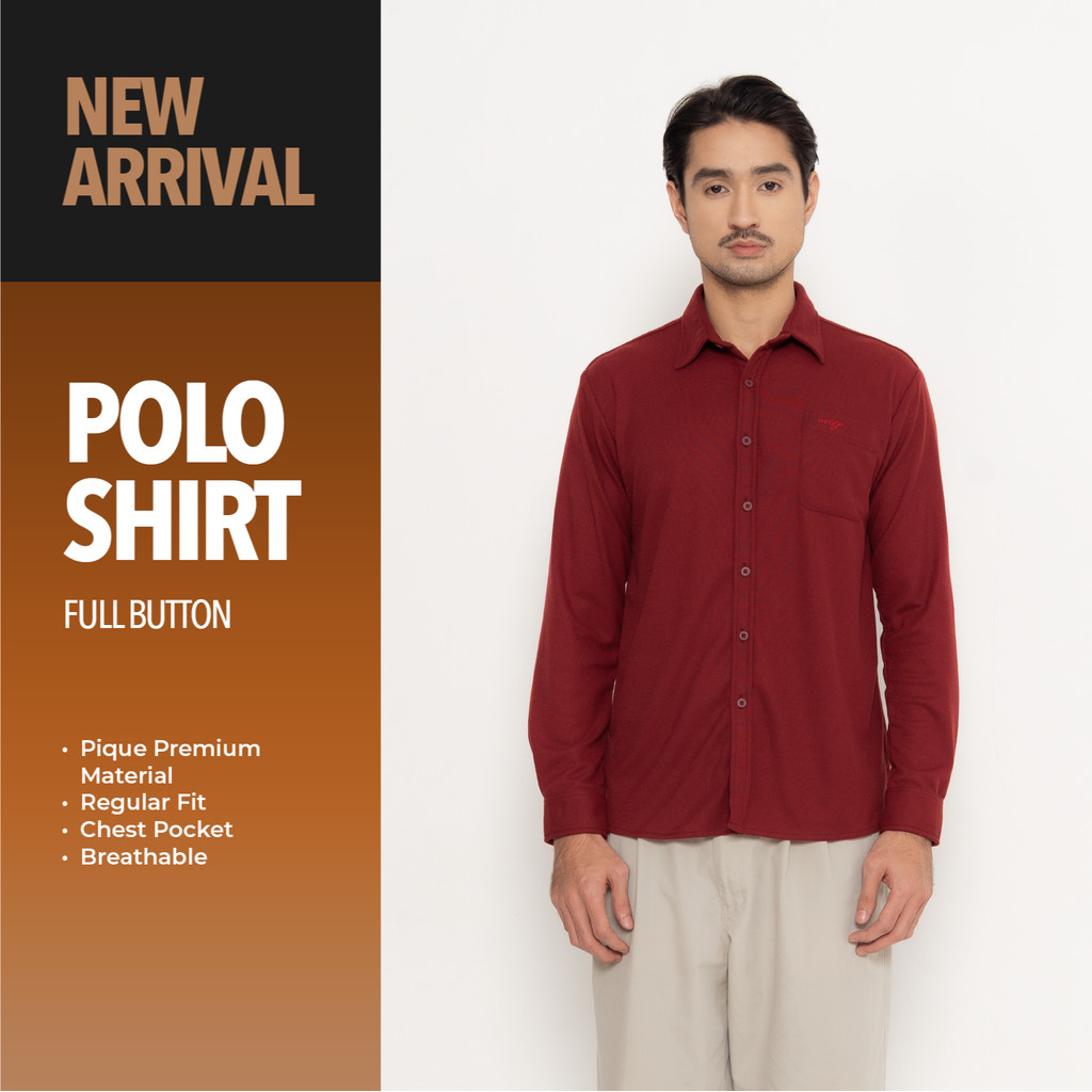 Erigo Polo Shirt Full Button Long Sleeve Berthran Maroon - Kemeja Kerah Lengan Panjang Polos Unisex