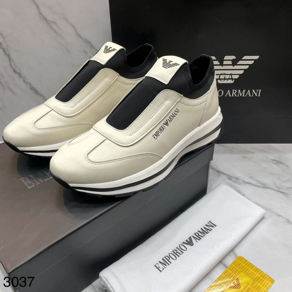 Sepatu Sneakers Pria Slip On Hitam Putih Full Kulit Sol Tebal Tanpa Tali White Black Chunky Model Te