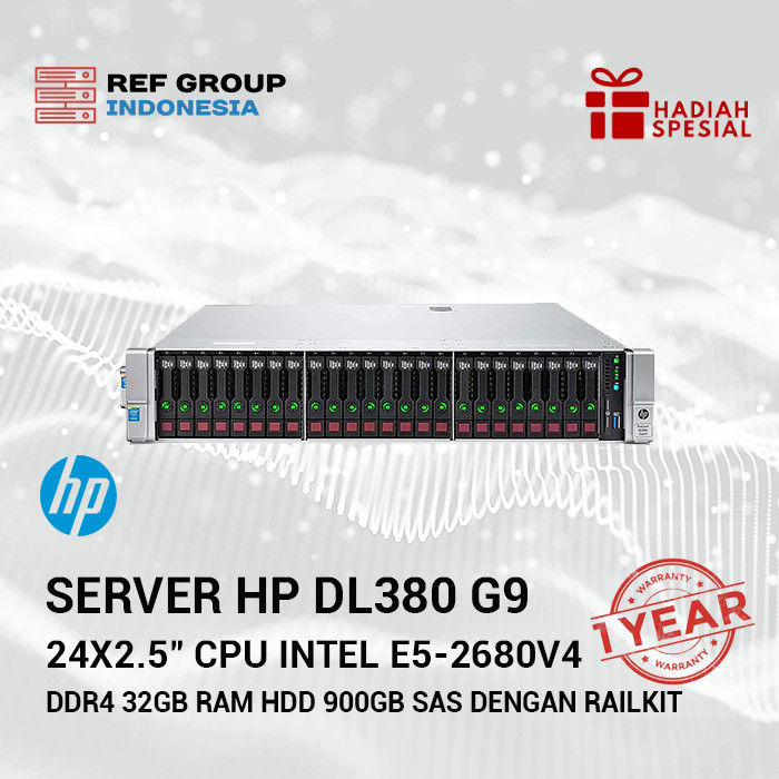 Server HP ProLiant DL380 G9 24x2.5" CPU Intel E5-2680v4 DDR4 32GB RAM HDD 900GB SAS dengan Railkit