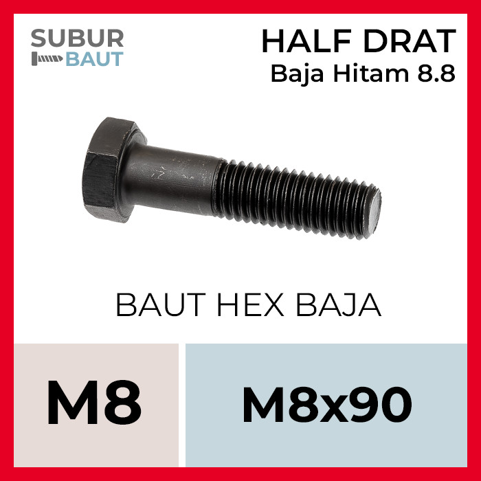 Baut Hex Baja Hitam HTB M8x90 / 8x90 / 8 x 90 - Half Drat - Grade 8.8 / 88 [High Tensile Bolt]