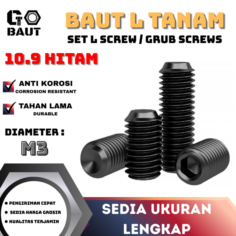 Set L Socket / Baut L Tanam Baja Hitam M3