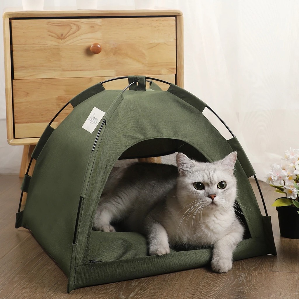 COD - Voopet Tempat Tidur Kucing Model Tenda Foldable Cat Bed With Pillow Size M Vp2 Army Green