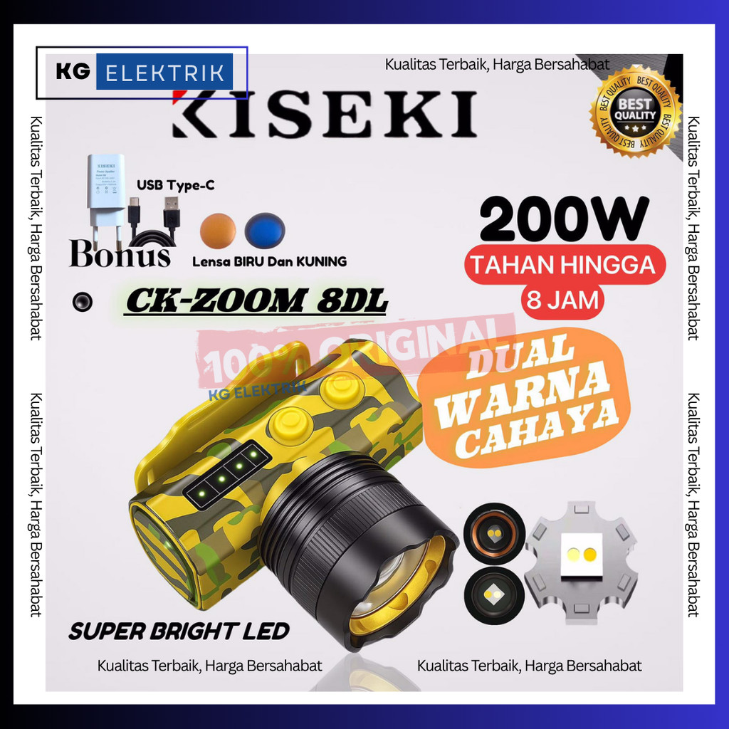 Kiseki Senter Kepala CK-ZOOM 8DL 200Watt Senter Kepala Dua Warna Cahaya Senter Kepala Zoom Tahan Hin