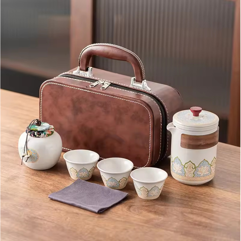 Set Teko dan Gelas Keramik Kopi Teh 3 Cangkir Tea Pot Toples Tas Kulit - Hadiah Hampers Kado Unik