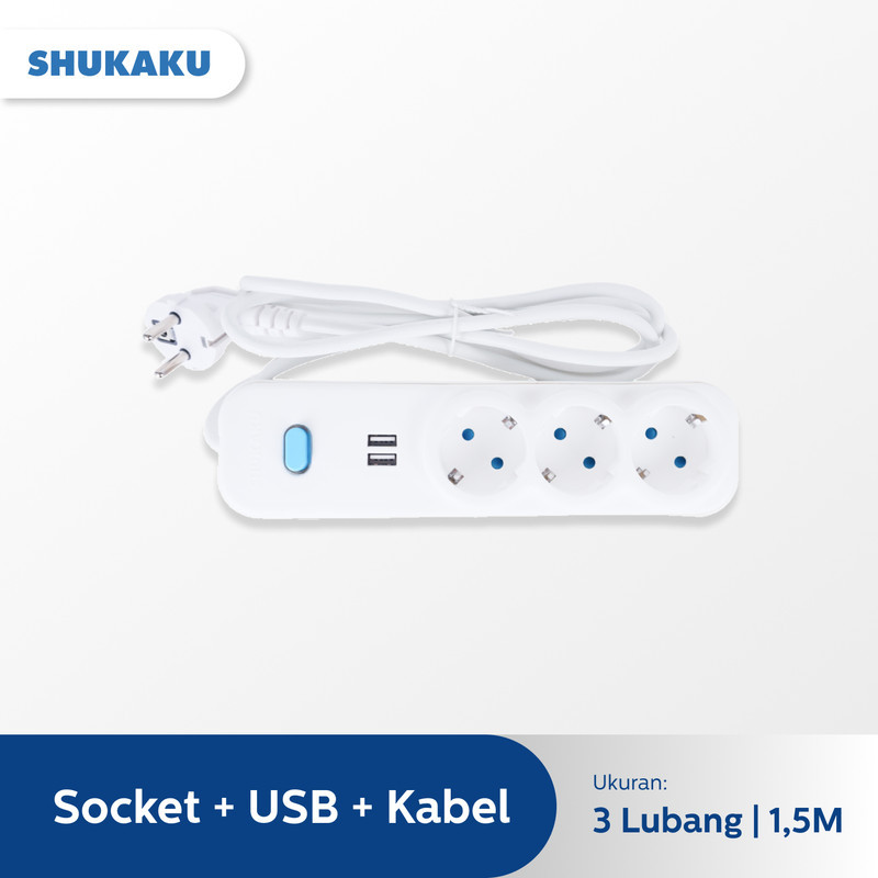 SHUKAKU Stop Kontak Usb Saklar 3 Lubang Kabel 1,5 Meter Sku 8113Ksu