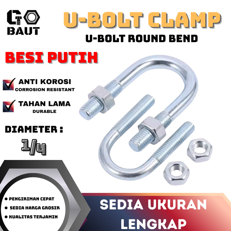 Klem U Bolt Besi Galvanis M6 - 1/4" / U-Bolt Clamp untuk Pipa