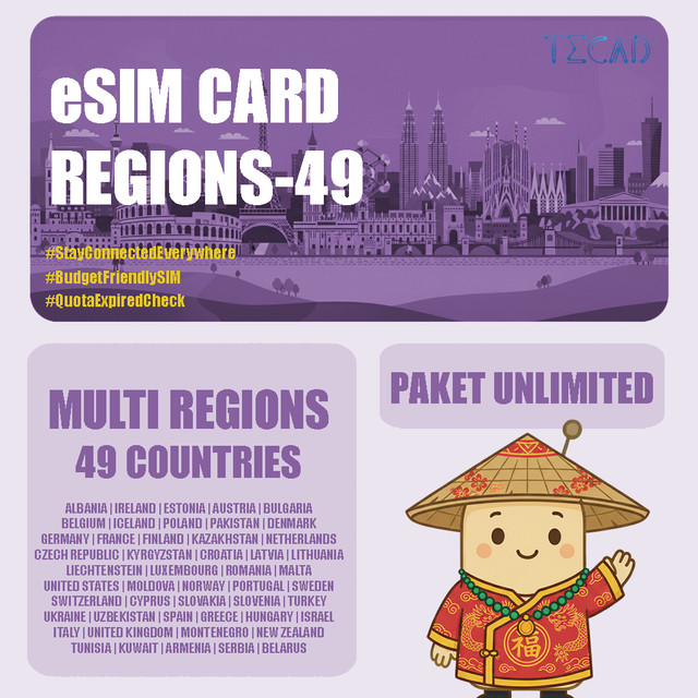 Tec eSIM Multi Region-49 Areas Internet Paket Unlimited UNLIMITED/Day - 3 Hari