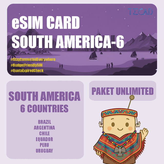 Tec eSIM South America-6 Areas Internet Paket Unlimited UNLIMITED/Day - 3 Hari