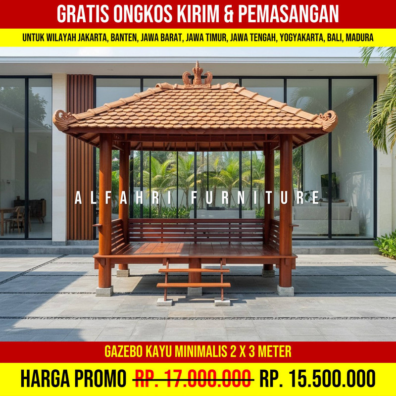 Gazebo Outdoor Desain Klasik Tropis 2x3 Atap Genteng Sirap