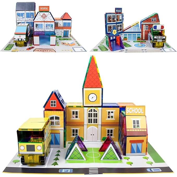 PicassoTiles 16pc Magnetic Tile + School Hospital Police Station,