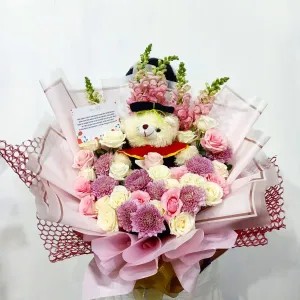 buket bunga wisuda,bunga Krisan,boneka besar
