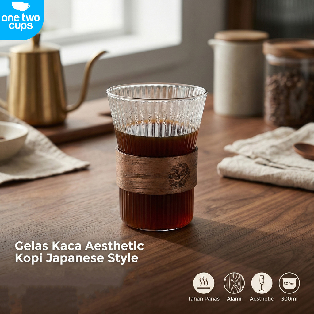 One Two Cups Gelas Kaca Aesthetic Kopi Teh Japanese Wood Sleeve 300ml - GN14