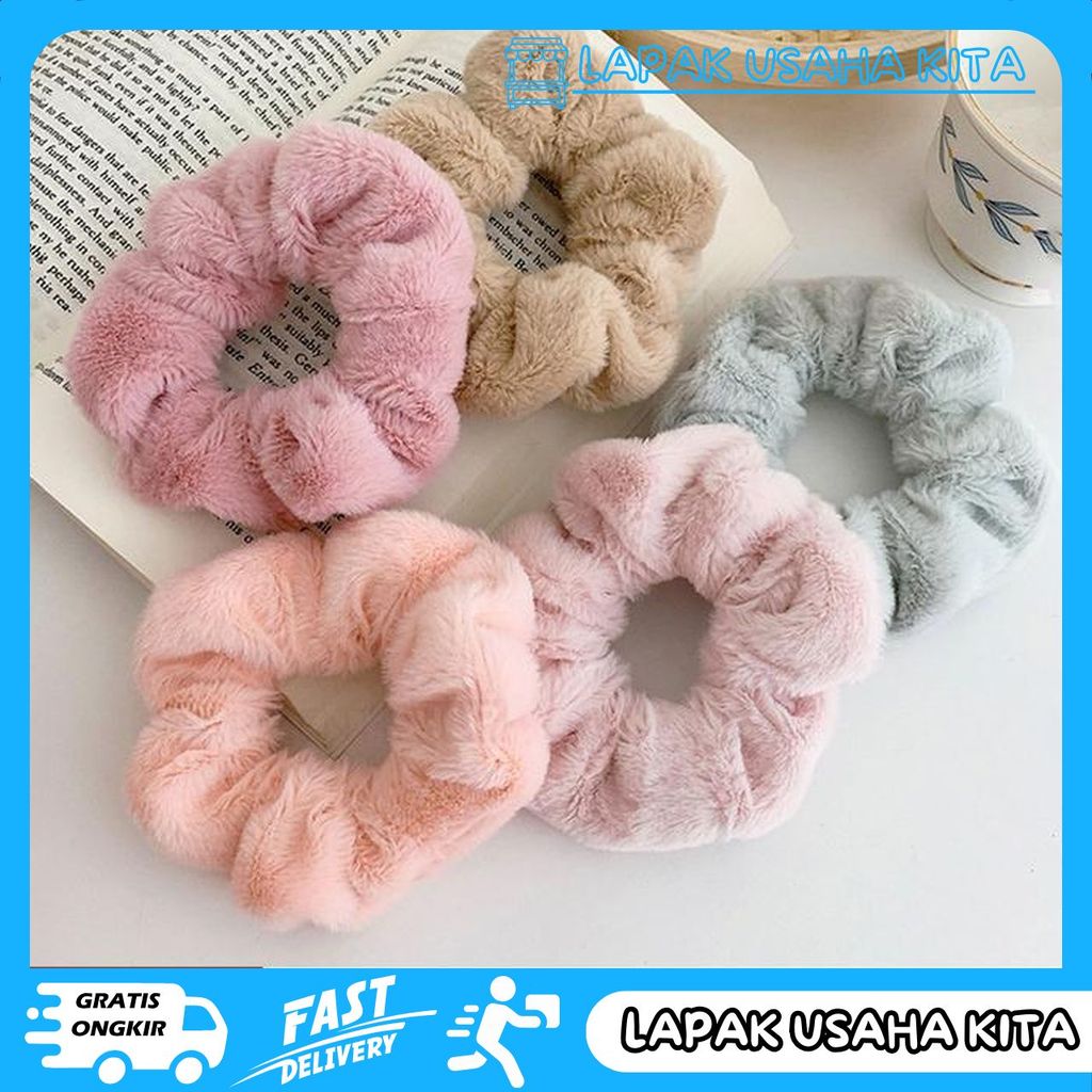 IKAT RAMBUT SCRUNCHIE GAYA KOREA TILE BULU KAIN HAIRBAND GELANG KUNCIR KIWI PRIVASI AMAN