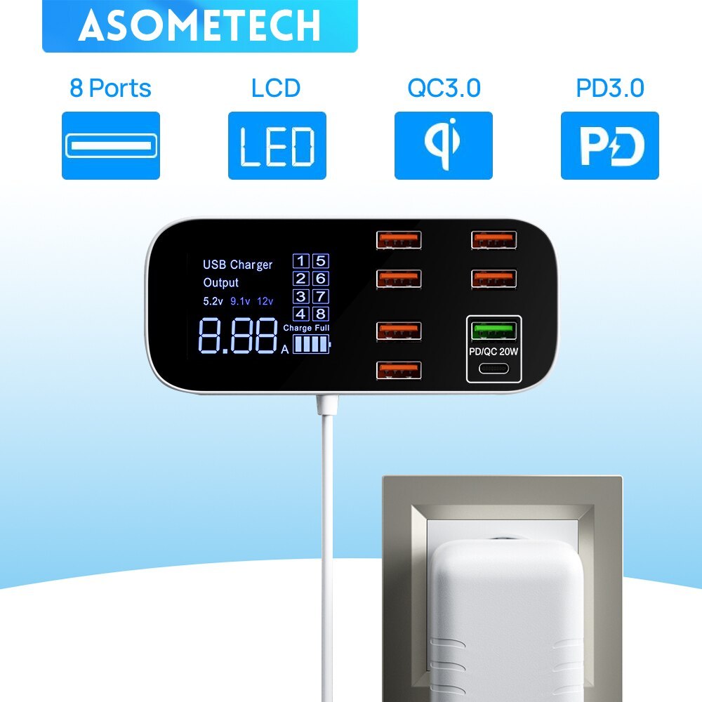 ASOMETECH Desktop Charger Fast Charging USB Type A PD QC 8 Port 40W - WLX-A9D