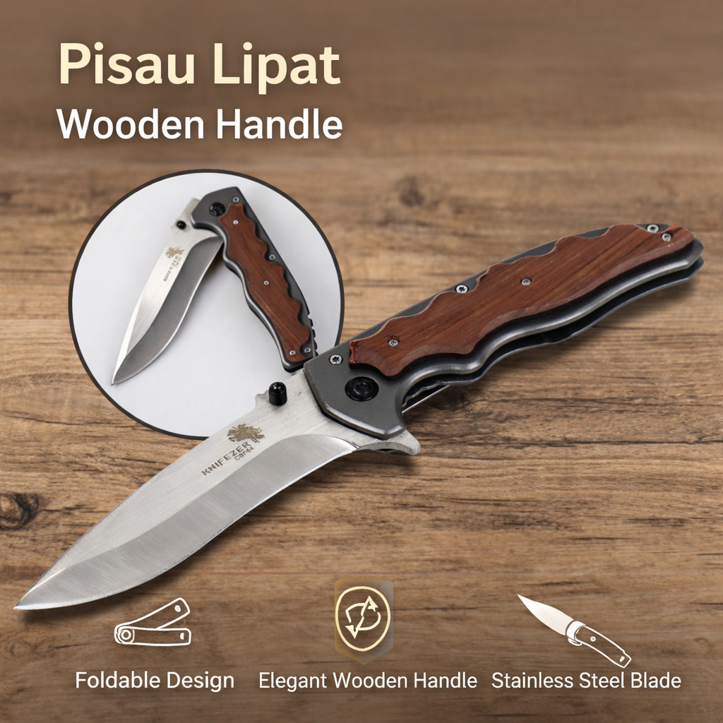 KNIFEZER BLADE PISAU LIPAT BERBURU KNIFE WOODEN HANDLE - CBF64