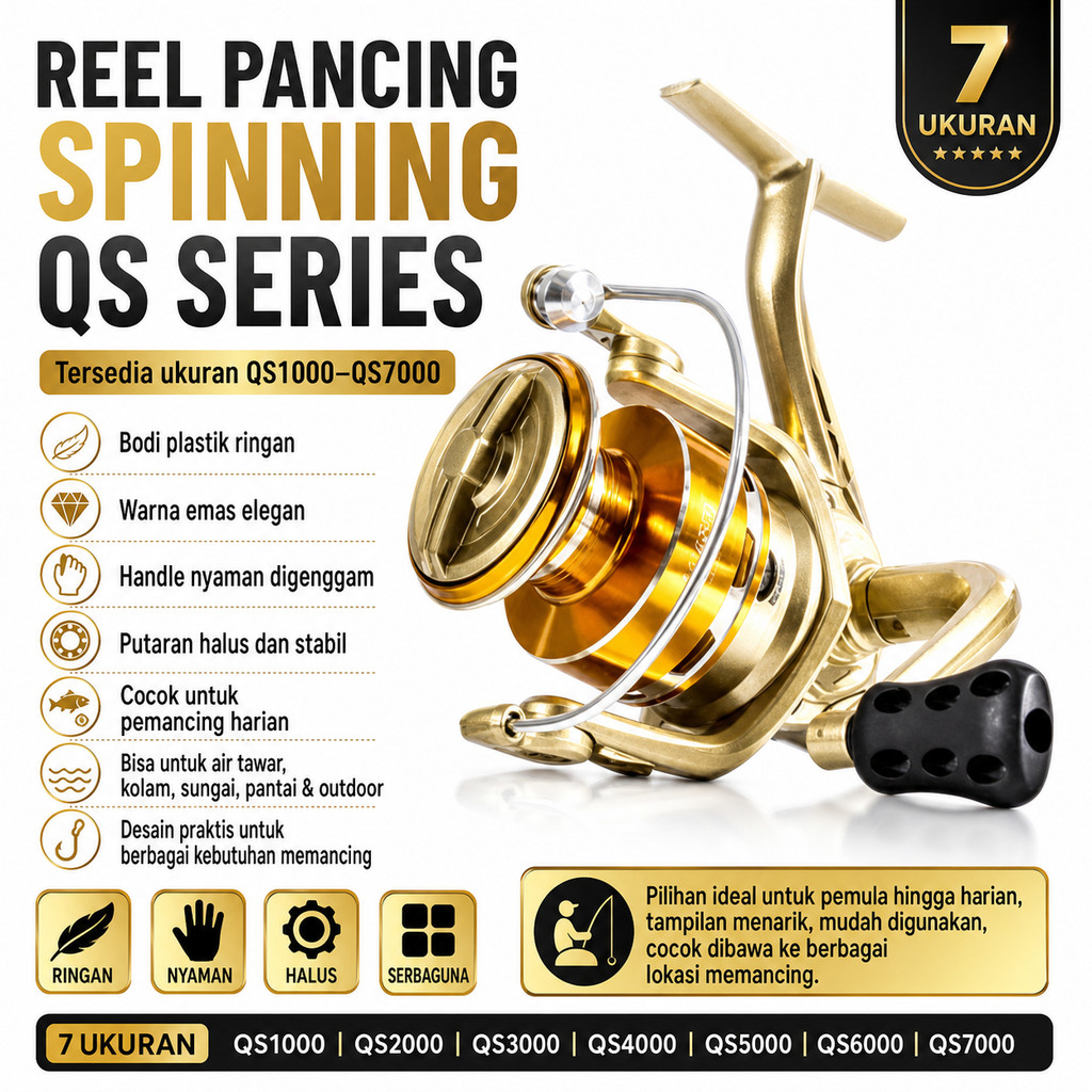 Reel Pancing Spinning QS1000 QS2000 QS3000 QS4000 QS5000 QS6000 QS7000 Roda Plastik Warna Emas Handl