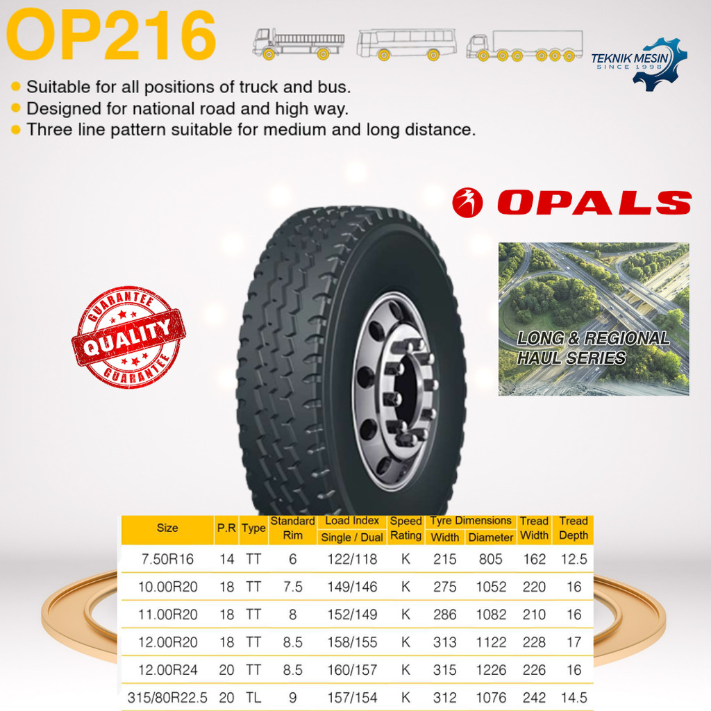 BAN TRUK LONG & REGIONAL HAUL OP216 SIZE 12.00R24 20PR HEAVY DUTY | BAN DALAM LUAR TRUK ENGINE / SPA