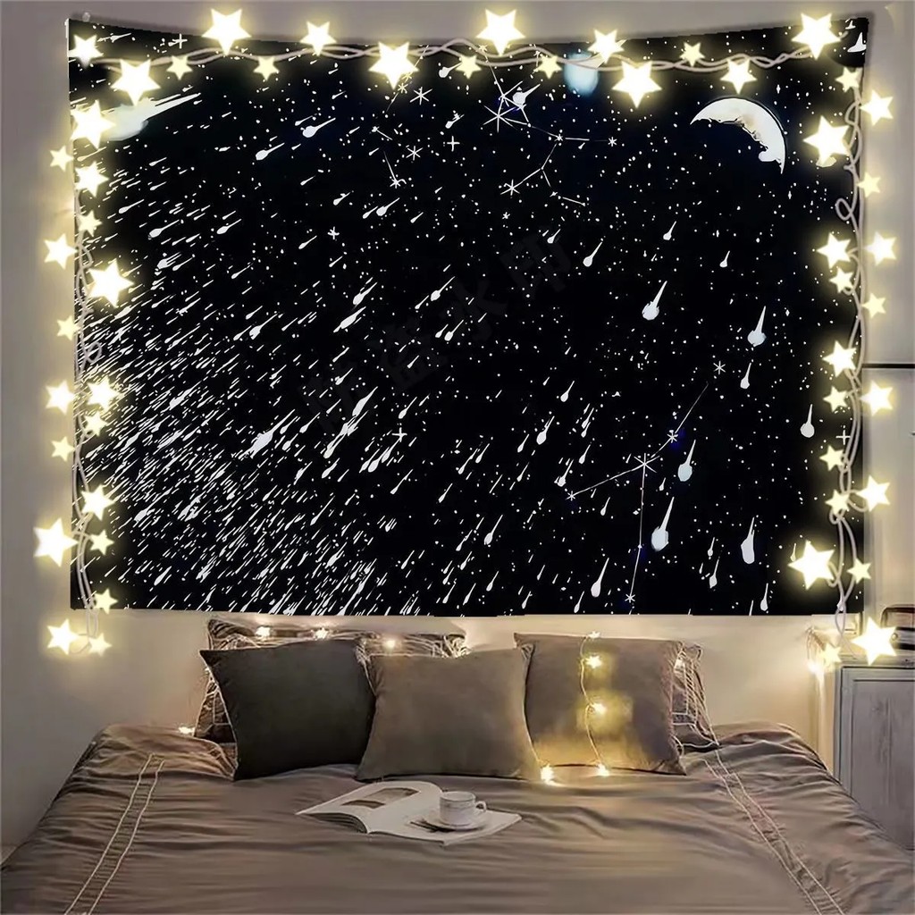 Kain gantung pemandangan langit berbintang dan meteor untuk dekorasi kamar asrama, poster suasana sa