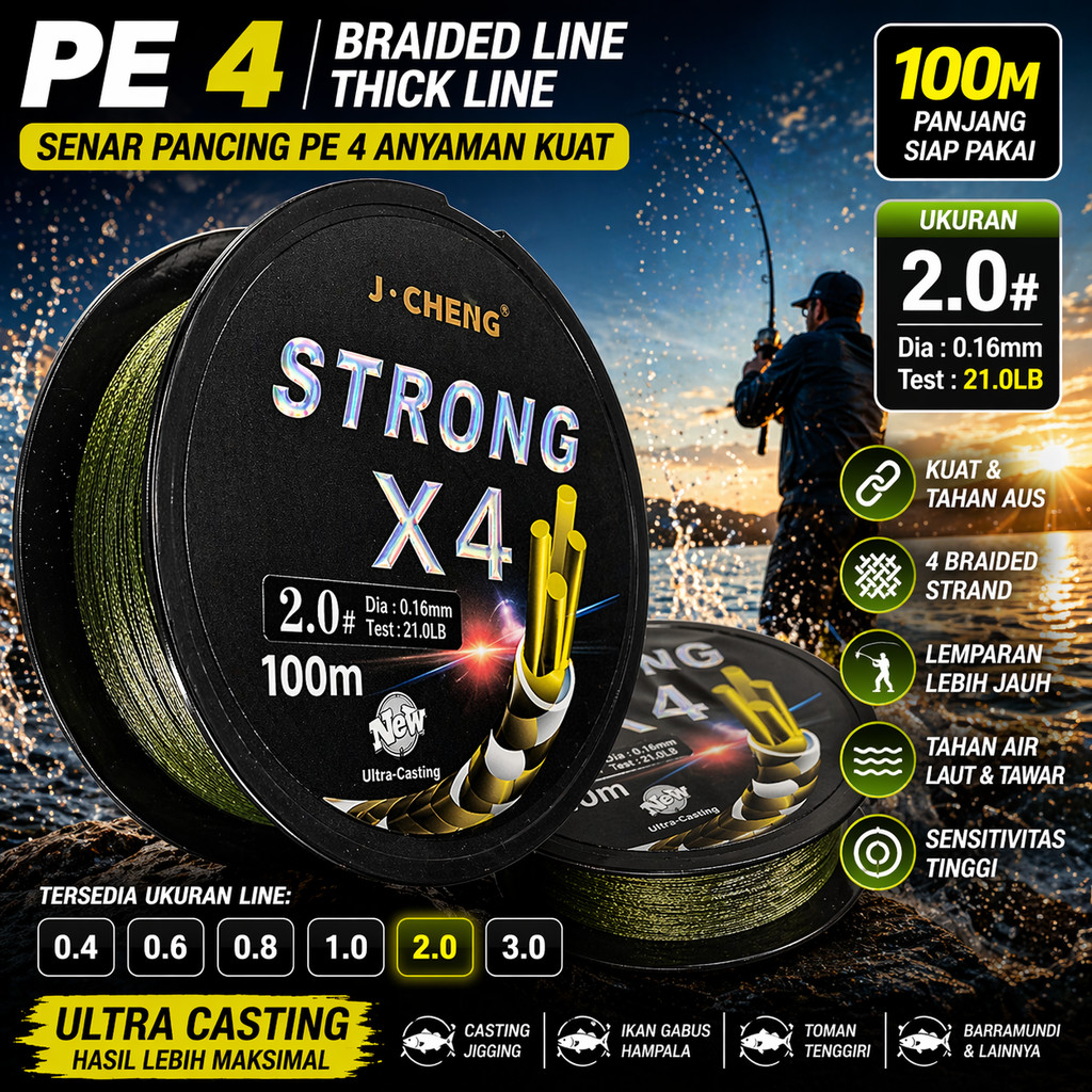 J-Cheng Senar Pancing PE 4 Braided Strand Fishing Line 100M - JC4180 SHANY_STORE