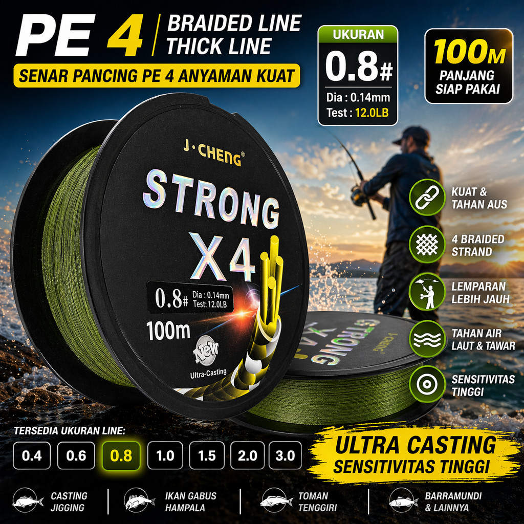 J-Cheng Senar Pancing PE 4 Braided Strand Fishing Line 100M - JC4180 SHANY_STORE
