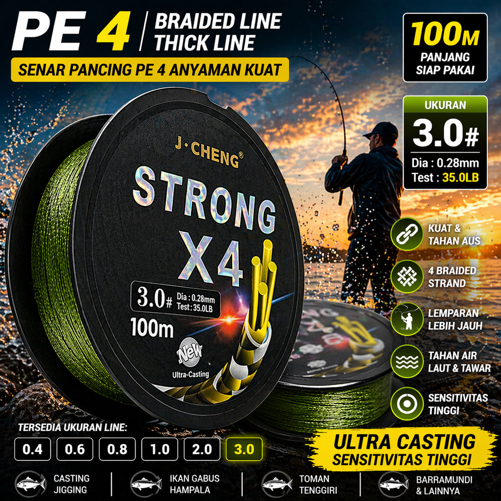J-Cheng Senar Pancing PE 4 Braided Strand Fishing Line 100M - JC4180 SHANY_STORE