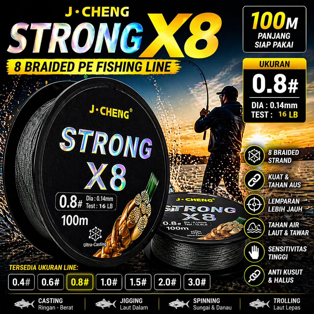 J-Cheng Senar Pancing PE 8 Braided Strand Fishing Line 100M - JC4188 SHANY_STORE