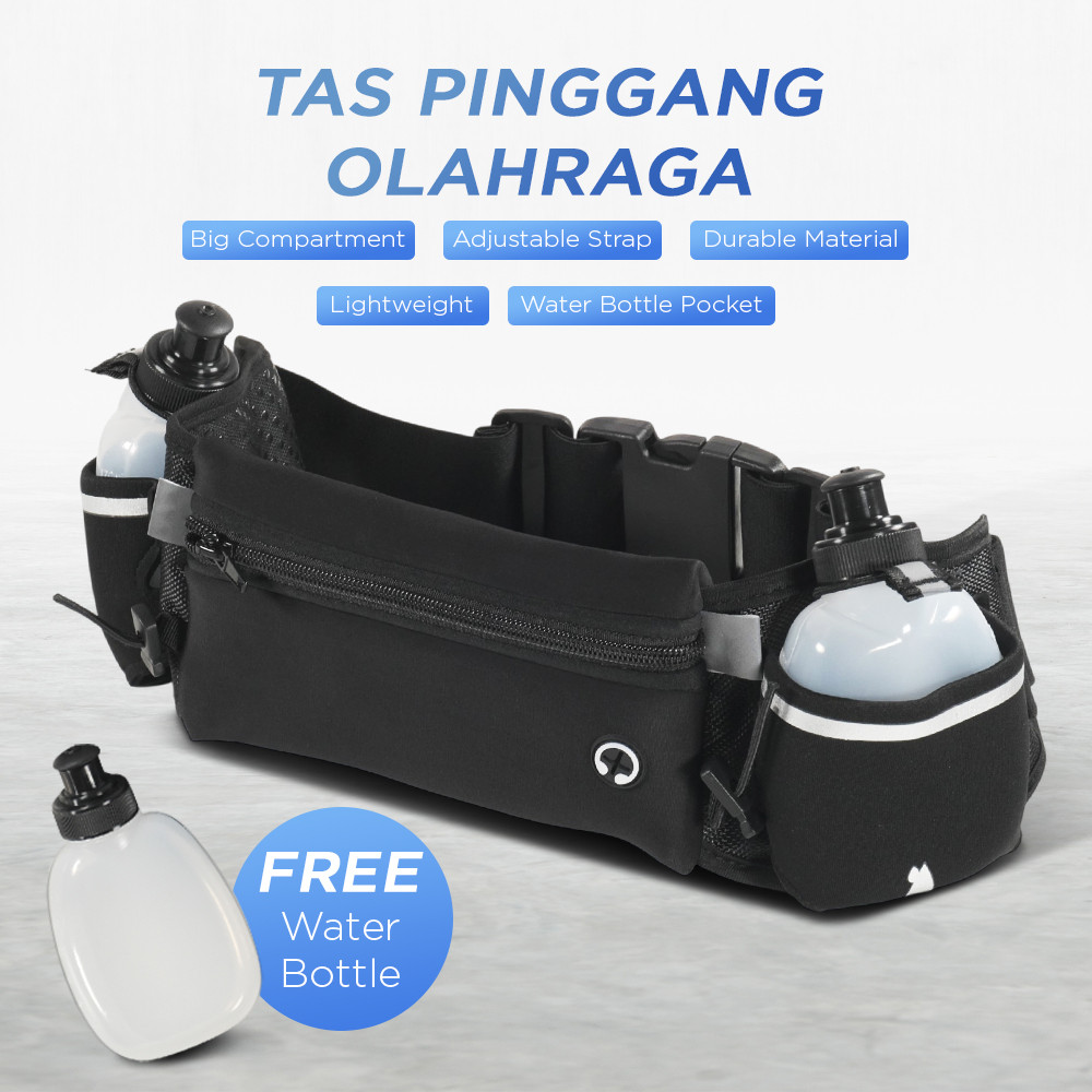 TERBARU TAS SELEMPANG LAKI LAKI BABUNDO PINGGANG OLAHRAGA LARI DENGAN 2 BOTOL RUNNING WAIST BAG RU