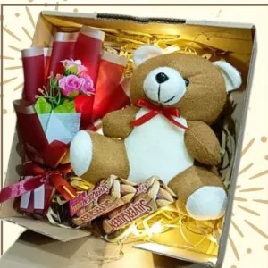 Hampers Boneka bear Cokelat mix Coklat dan mini bucket +Led 500g