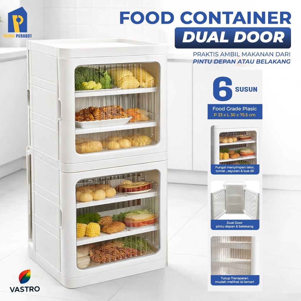 Lemari Makanan Dua Pintu Food Container Susun 6 Rak Penyimpanan Snack Buah Roti