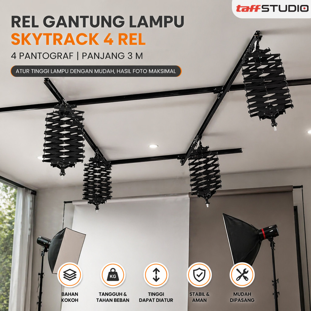 TaffSTUDIO Rel Gantung Lampu Studio Skytrack 4 Rel 4 Pantograf 3M - TS-443M