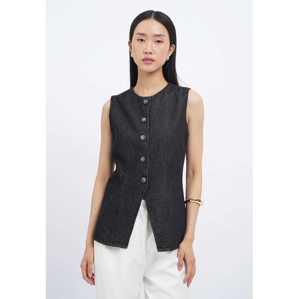 Executive Round Neck Denim Vest Black
