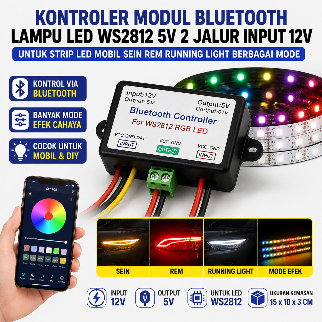 Kontroler Modul Bluetooth Lampu LED WS2812 5V 2 Jalur Input 12V untuk Strip LED Mobil Sein Rem Runni