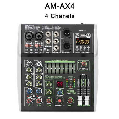 Mixer Audio Digital 4 Channel DSP 99 Effects Bluetooth - AM-AX4