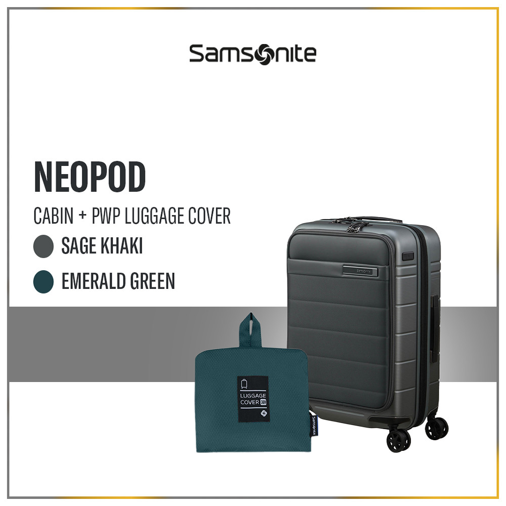 Samsonite Koper Neopod Cabin Sage Khaki + Foldable Luggage Cover Cabin
