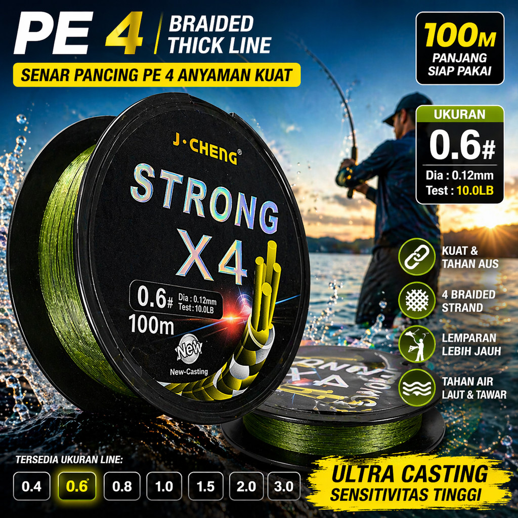 J-Cheng Senar Pancing PE 4 Braided Strand Fishing Line 100M - JC4180 SHANY_STORE