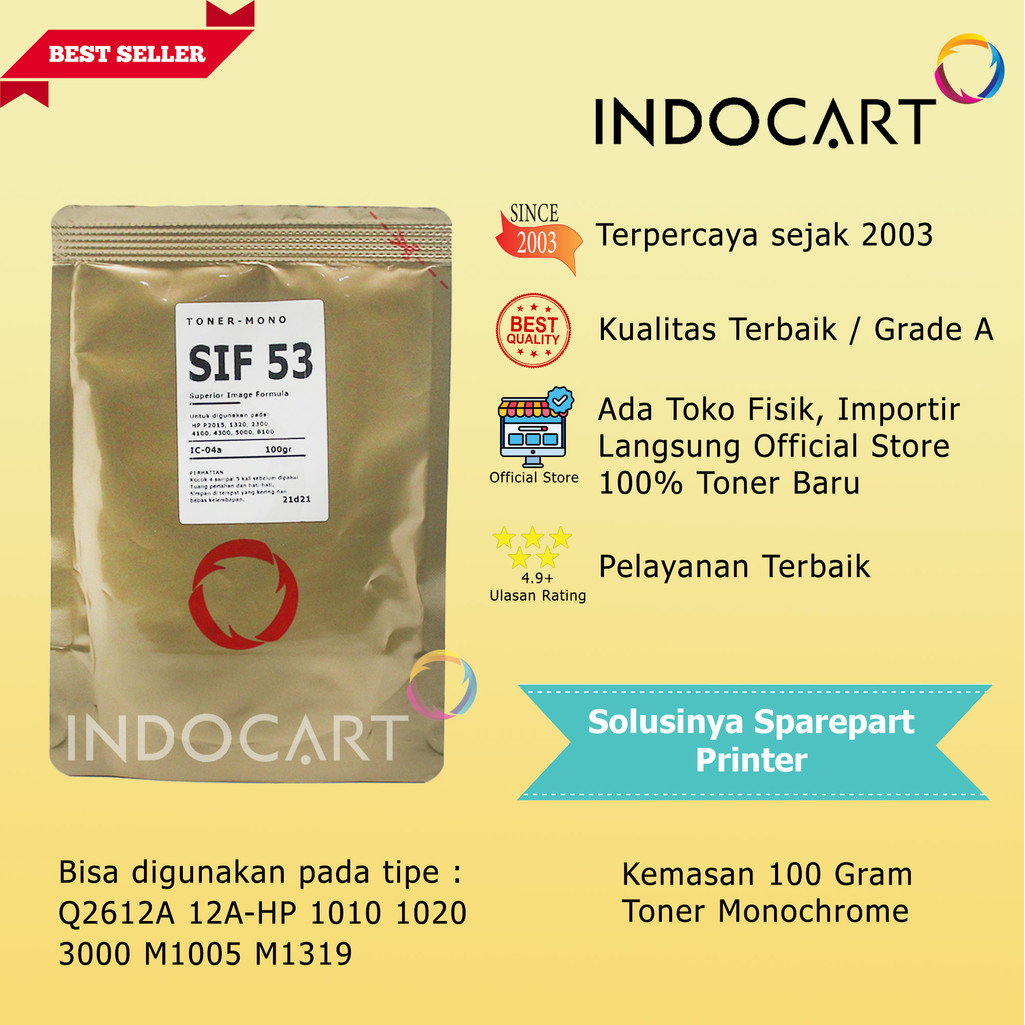 IndoCart Serbuk Toner SIF-53 12A 11A 16A-HP 1010 1015 1020 2400 2420 2430 5200 M1005 M1319-100gr