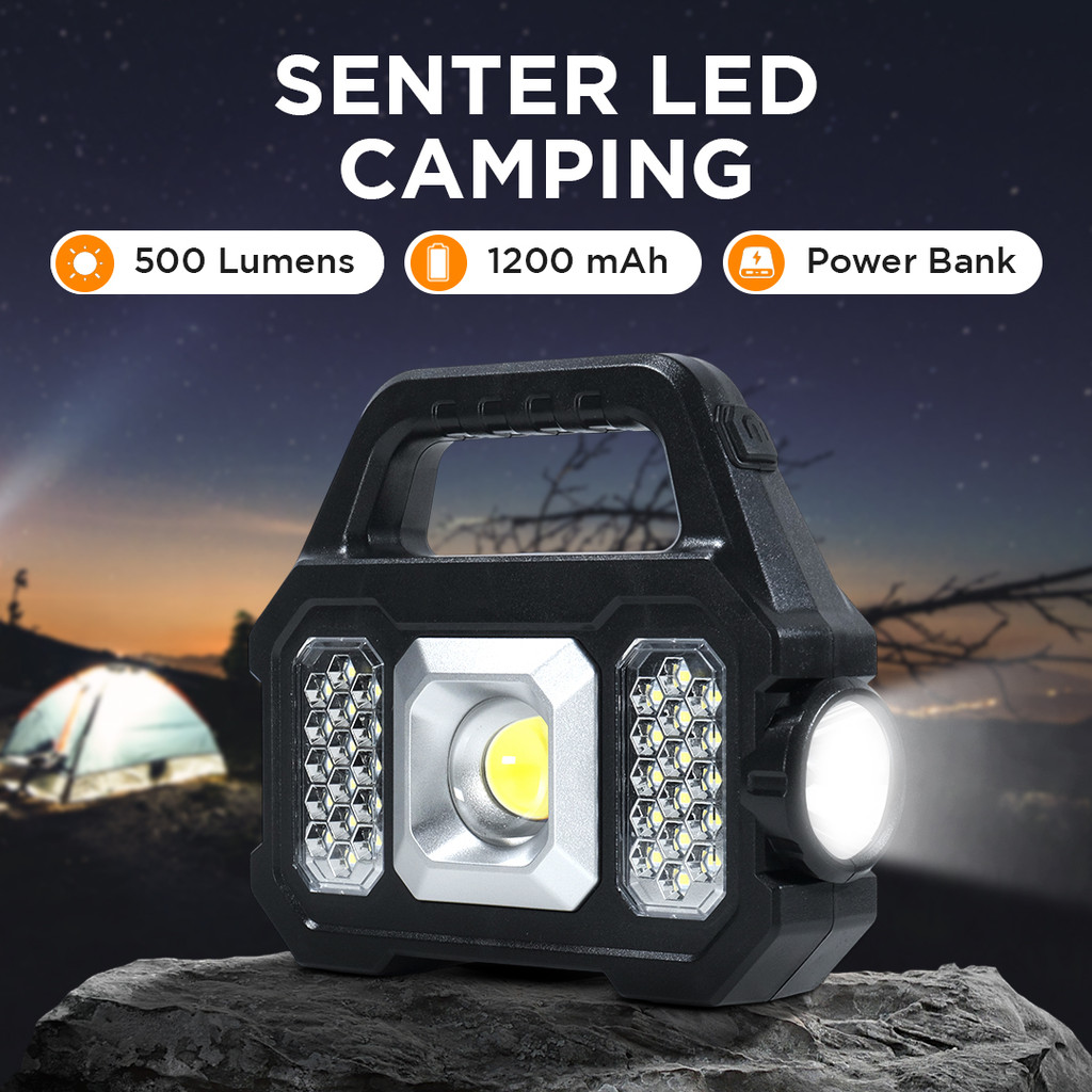Lampu Senter Camping LED Solar Power Bank Senter Tangan Cas Matahari COB Terang Waterproof 6 Mode US