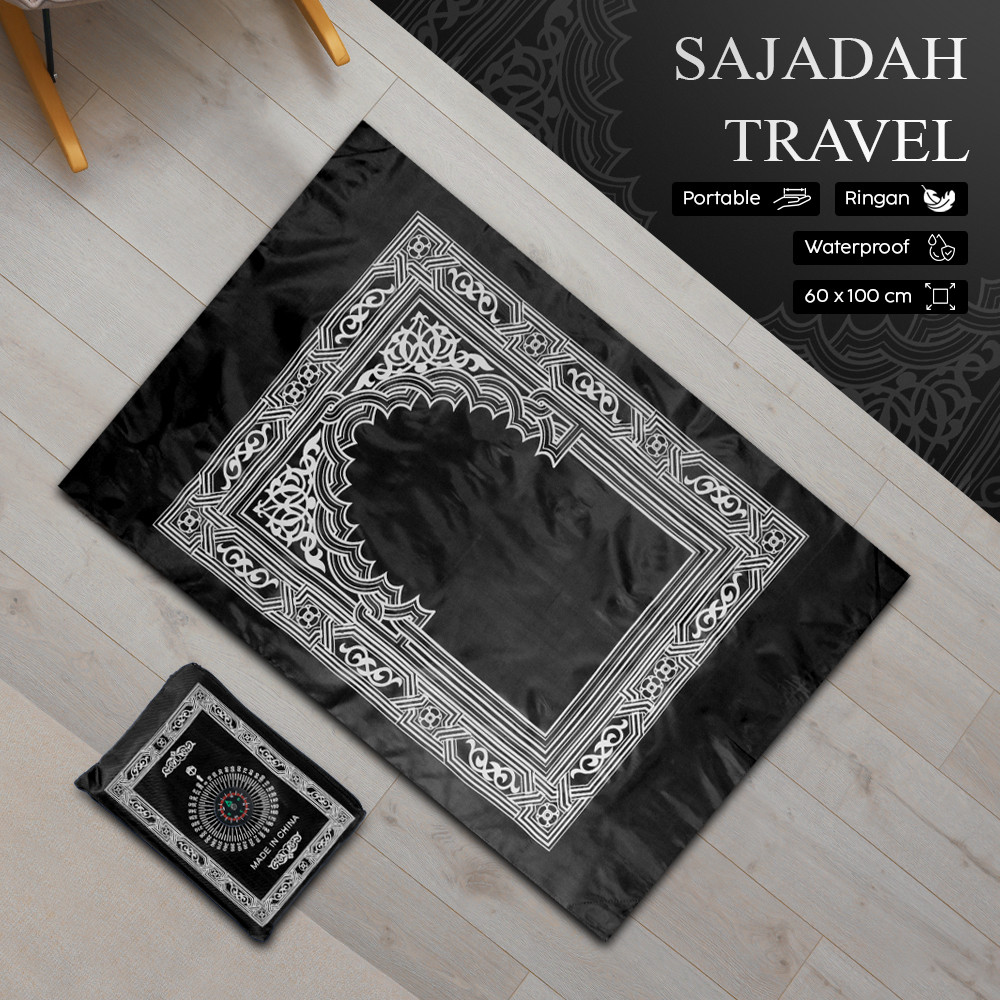 Sajadah Travel Saku Lipat Pouch dengan Kompas Kiblat 60x100 cm / Travel Kompas Kiblat Compass Prayer