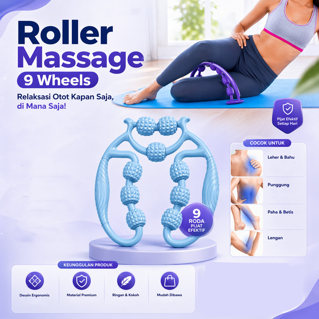QUICKCHEAP Fascia Muscle Hand Roller Massage Tool 9 Wheels Hand Held / 9 putaran Alat pijat betis, a