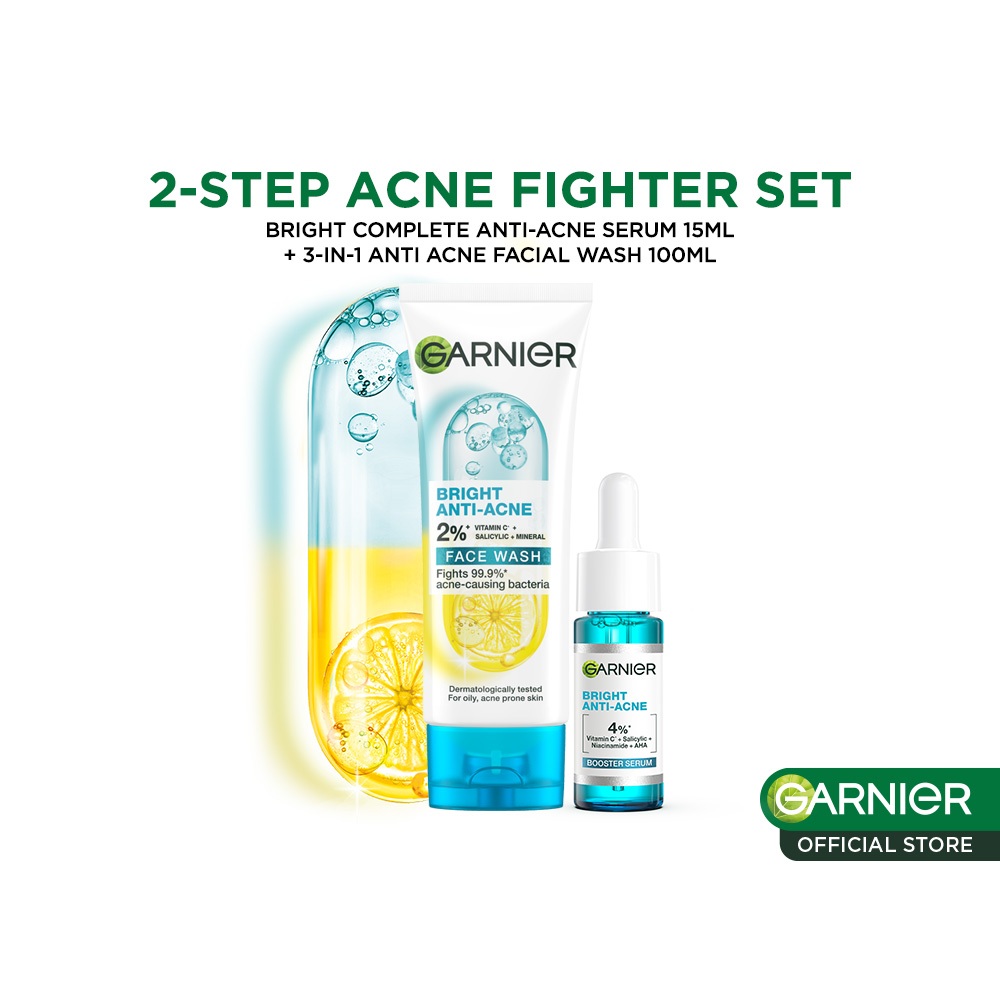 Garnier Bright Complete Anti Acne Starter Kit Serum 15 ml + Foam 100 ml - Skincare Jerawat Vitamin C