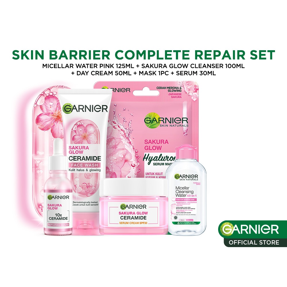 GARNIER Paket Skincare 1 Set Lengkap Sakura Glow Ceramide Skin Barrier Complete Set Hydrating | Seru