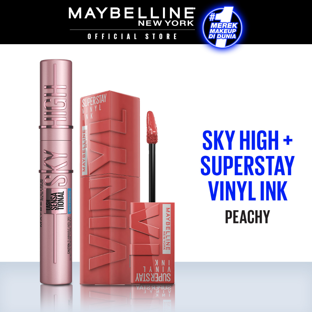 Maybelline Paket Makeup Sky High Mascara + Superstay Vinyl Ink Peachy | Bundle hemat lipstik maskara