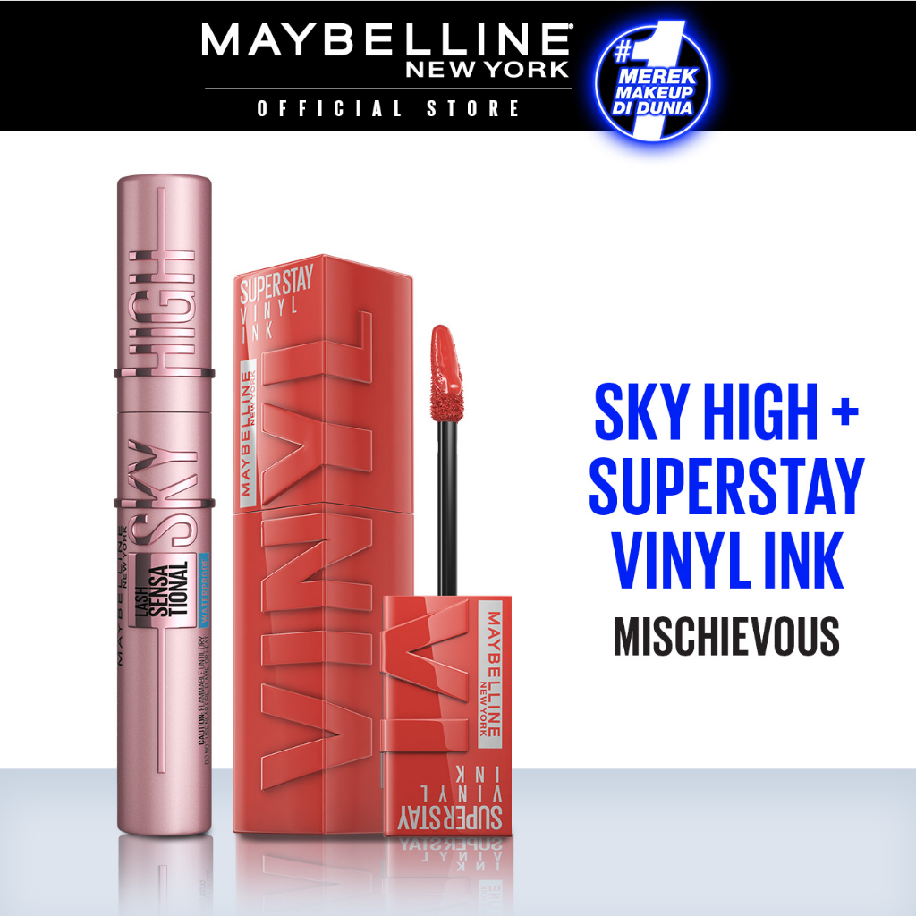 Maybelline Paket Makeup Sky High Mascara + Superstay Vinyl Ink Mischievous | Bundle hemat lipstik ma