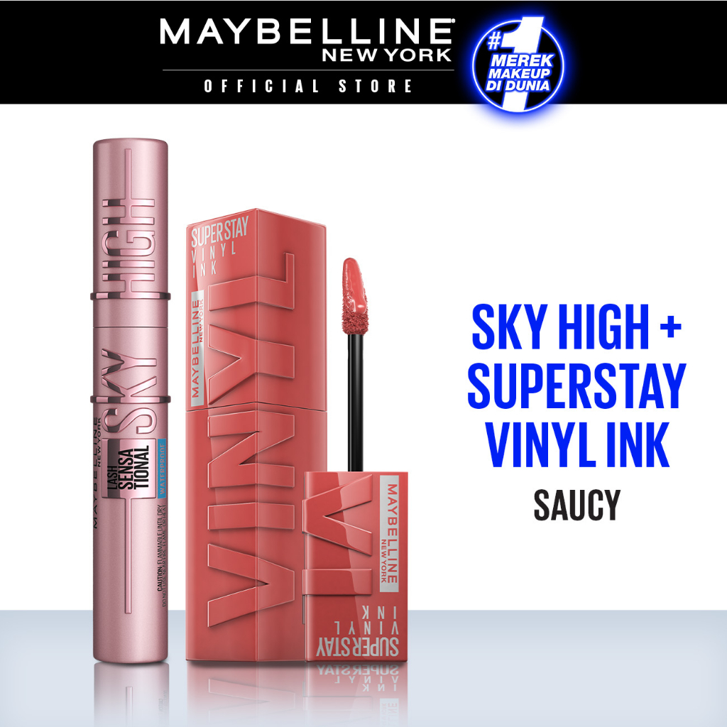 Maybelline Paket Makeup Sky High Mascara + Superstay Vinyl Ink Saucy | Bundle hemat lipstik maskara 