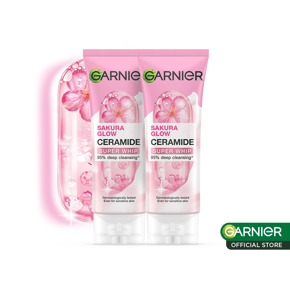 Garnier Sakura Glow Hyaluron Super Whip Foam Skin Care - 100 ml 2 pcs Facial Wash Busa Lembut Glowin