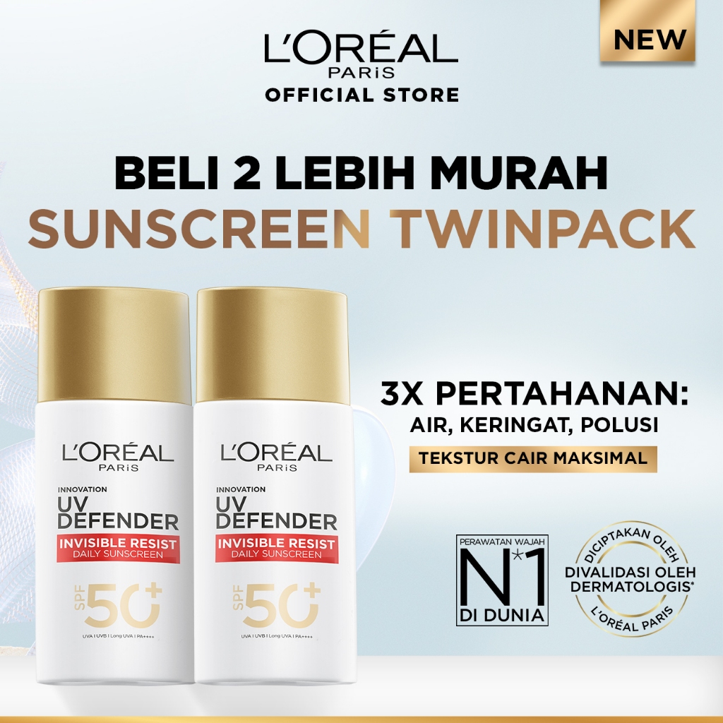 L'Oreal Paris UV Defender Invisible Resist Sunscreen SPF50+ PA++++ x2Pcs-Sunblock Loreal 50mlx2 Kuli