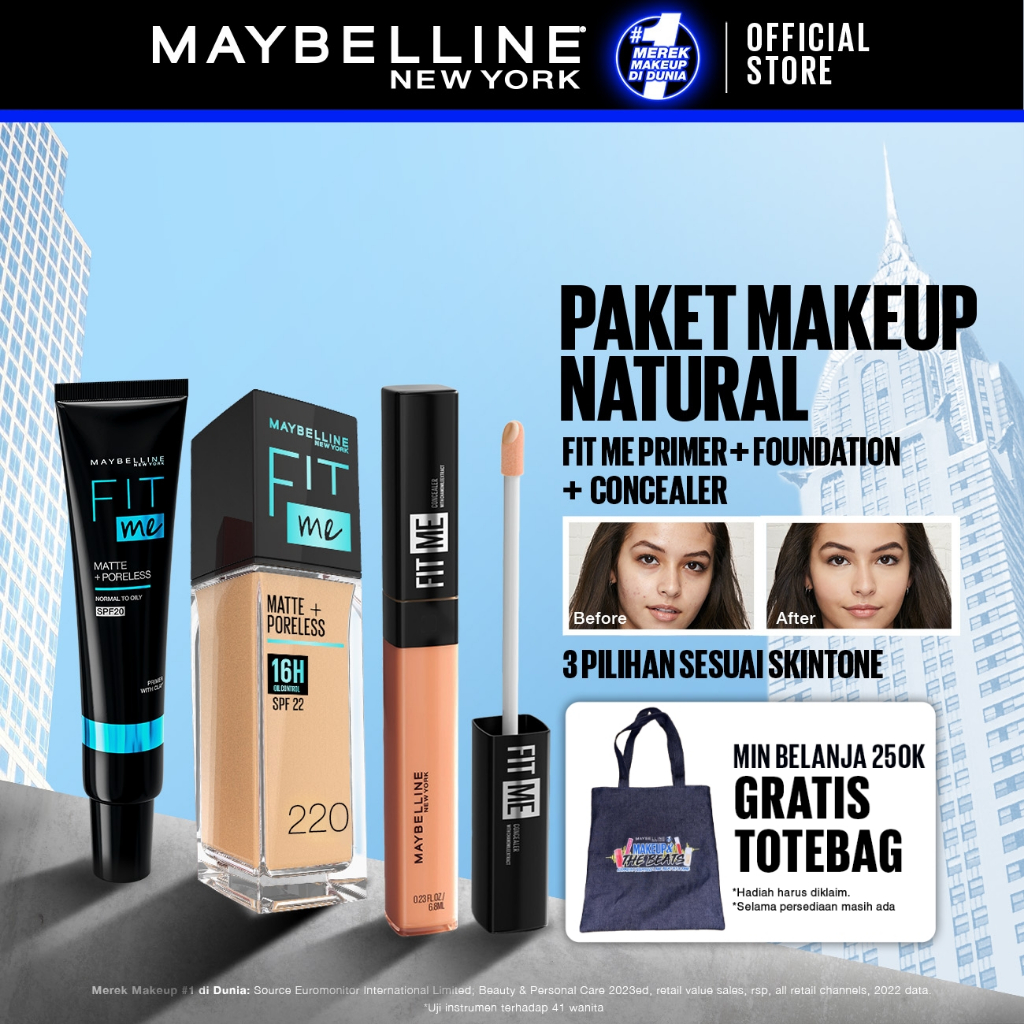 MAYBELLINE OFFICIAL Paket Hemat Face Makeup Fit Me Primer + Liquid Foundation 220 + Concealer 30 | K