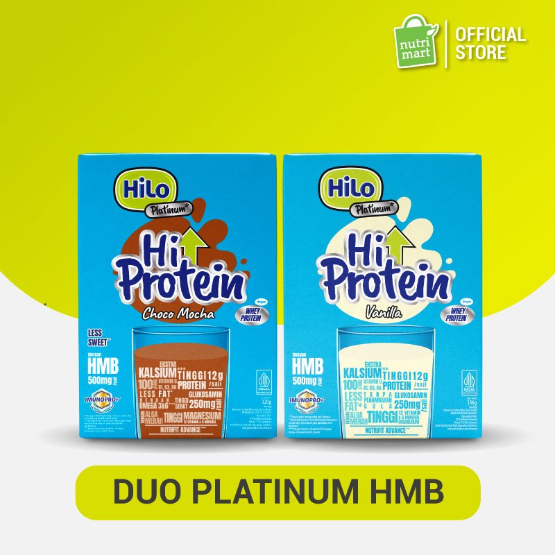 

Duo Rasa - HiLo Platinum HMB Vanilla & Choco Mocha Less Sugar - Susu Tinggi Protein Alga Merah Jaga Massa Otot