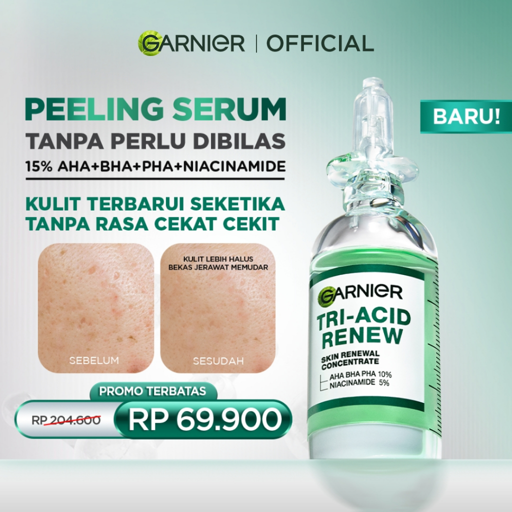 GARNIER Tri Acid Renew Peeling Serum Exfoliasi Wajah - Glass Skin AHA BHA PHA 10% Niacinamide 5% Ski