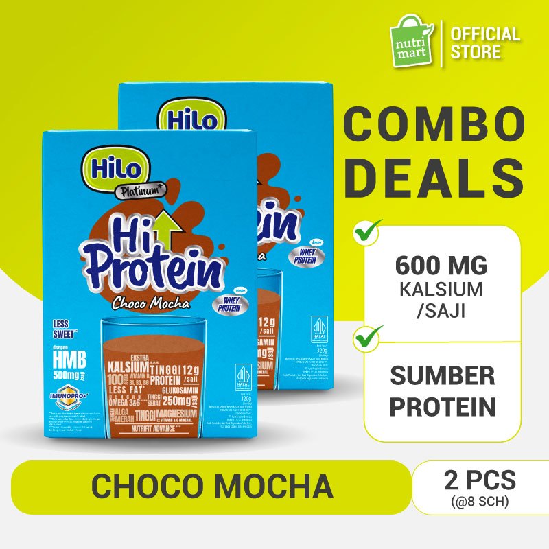 Twin Pack - HiLo Platinum + HMB Choco Mocha Less Sugar 8 Sachet - Susu Tinggi Protein Alga Merah Jag